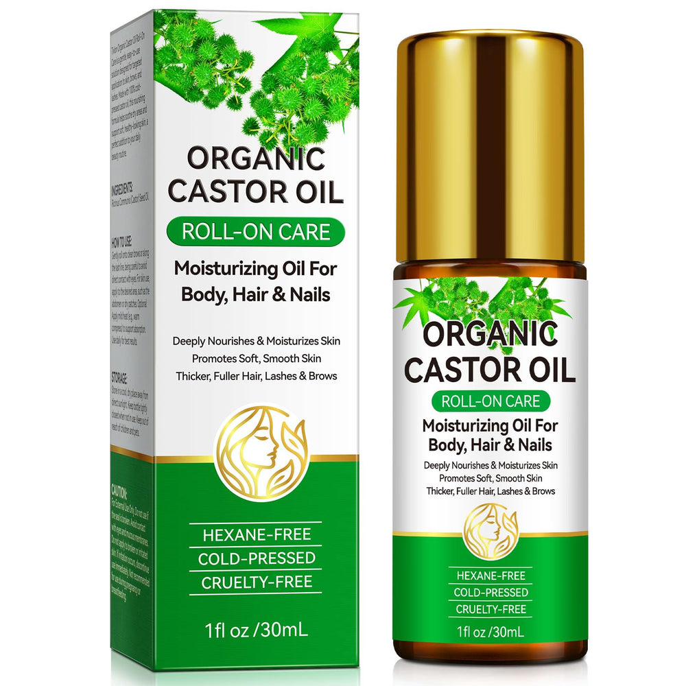 Acorn + Oak aceite de ricino orgánico en frasco para hidratación de la piel.