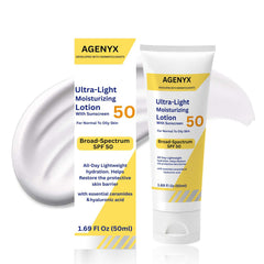 Agenyx Crema Día con SPF50, botella: hidratación ligera y protección solar para uso diario.