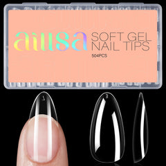 Extensiones de uñas almendra AILLSA 504 piezas, envase claro para manicura precisa.