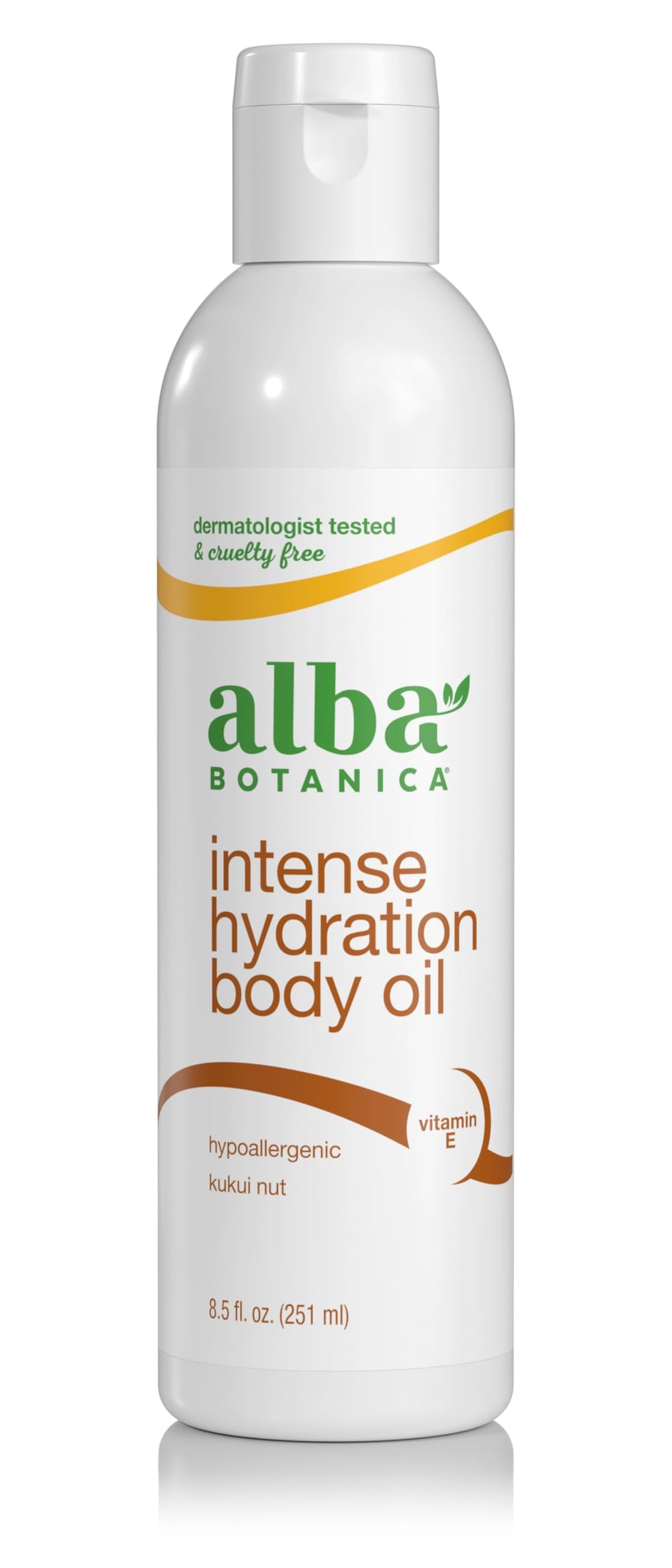 Alba Botanica Aceite Corporal Hidratación Intensiva en botella para aplicación suave.