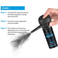Aplicación rápida de ALIVER Fibras para Pelo con spray marrón oscuro para mayor densidad.