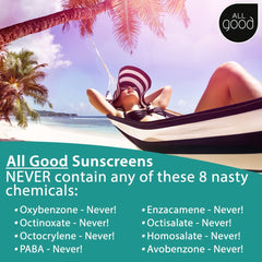All Good Sunscreen resistente al agua, ideal para actividades al aire libre.