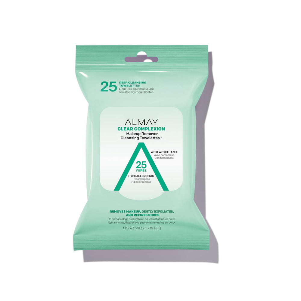 Almay, toallitas desmaquillantes para claridad de poros, limpieza suave y efecto refrescante.