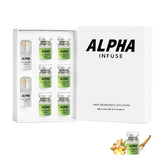 Alpha Infuse Sérum: botella y aplicación rápida en el cuero cabelludo.