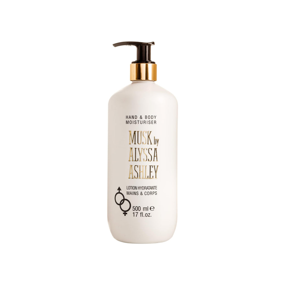Loción Musk H&B de Alyssa Ashley, botella con bomba, aroma cálido y piel hidratada.