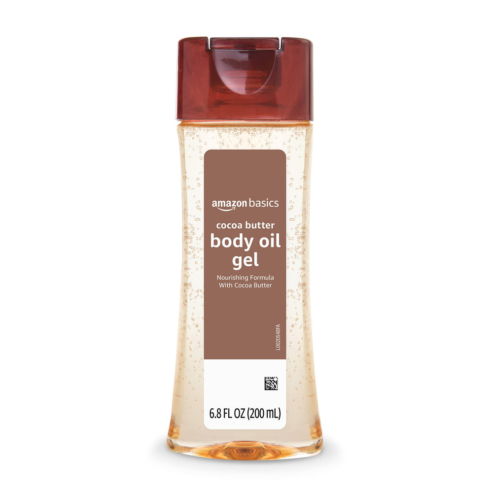 Aceite gel corporal con manteca de cacao de Amazon Basics, botella visible para hidratación profunda
