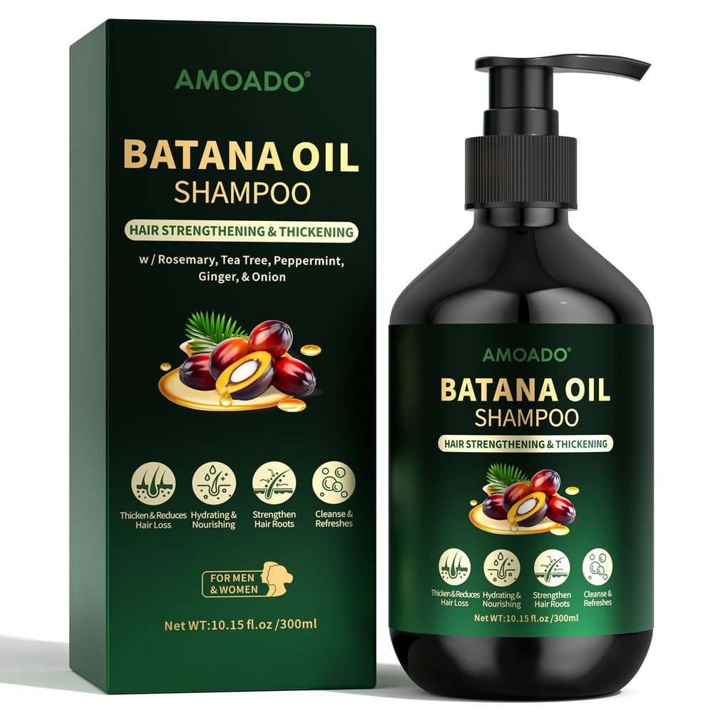 AMOADO Batana Shampoo botella: presentación limpia y eficaz para cabello saludable.