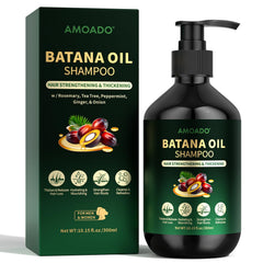 AMOADO Batana Shampoo botella: presentación limpia y eficaz para cabello saludable.