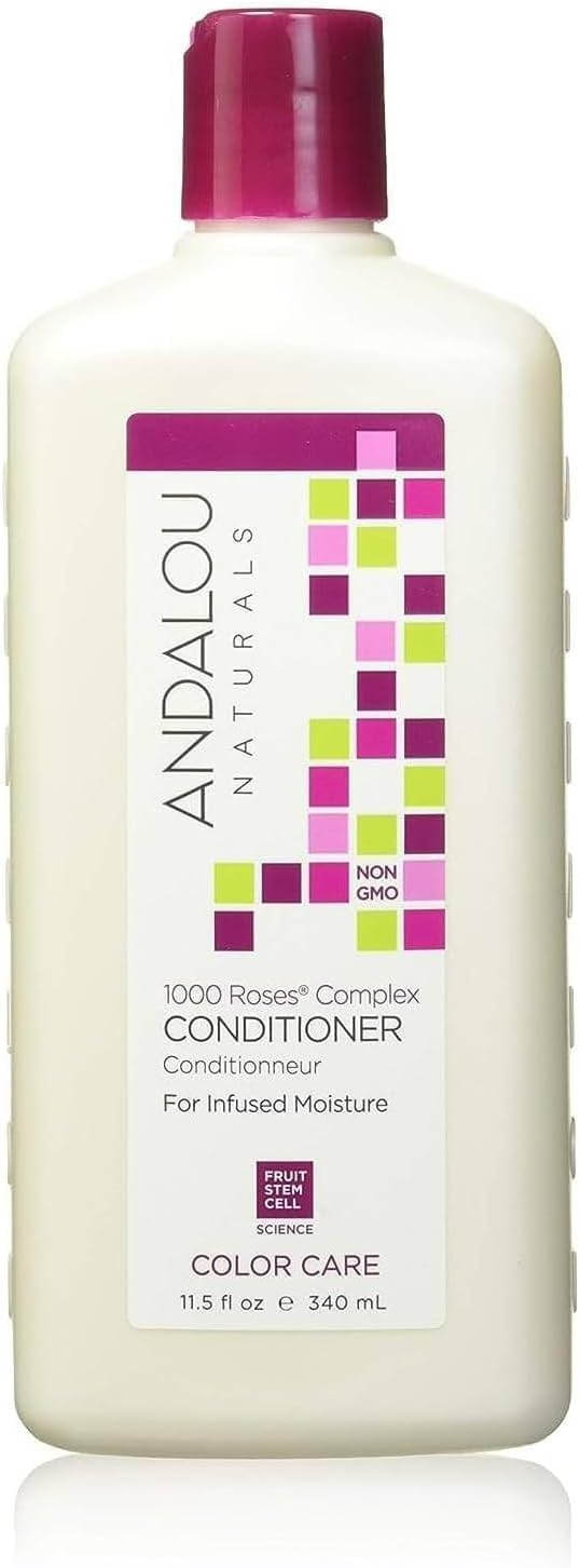 Acondicionador Andalou Naturals 1000 Roses, bote: hidratación profunda para cabello seco.