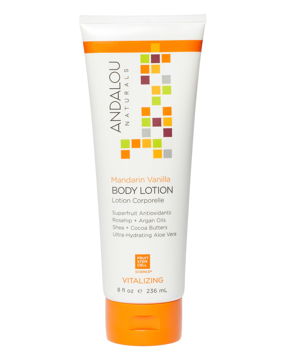 Loción corporal Andalou Naturals en botella, aroma mandarina-vanilla para piel suave