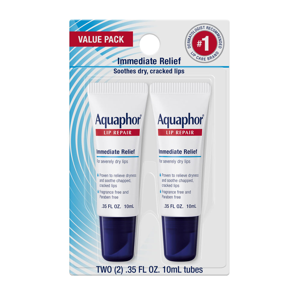 Aquaphor Lip Repair: frontal del tubo 0.35oz, alivio rápido para labios resecos.