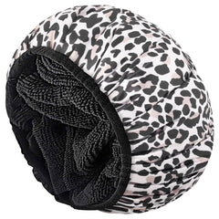 Gorro de ducha Aquior extragrande con estampado leopardo y seda para cabello largo.