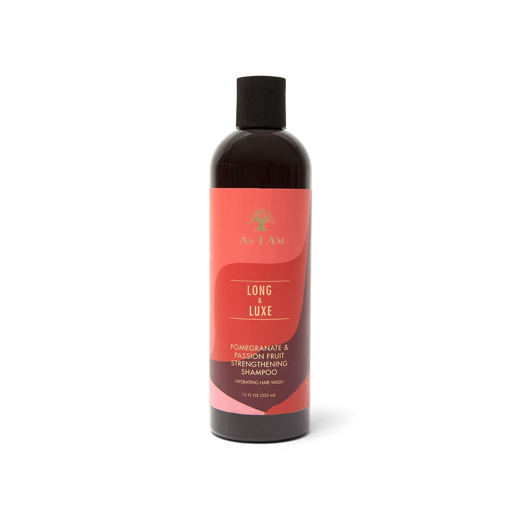 As I Am Long and Luxe Strengthening Shampoo en botella, detalla la fortaleza para cabello largo