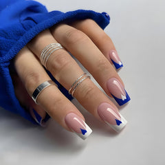 ASONRL uñas postizas cuadradas azules y blancas con corazones, ideales para estilos rápidos