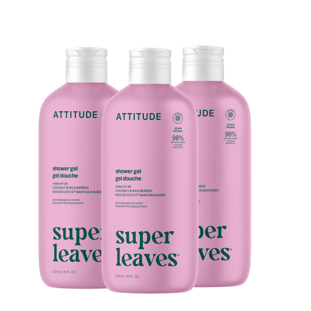 ATTITUDE gel de ducha conjunto de 3 botellas, limpieza suave y vegana.