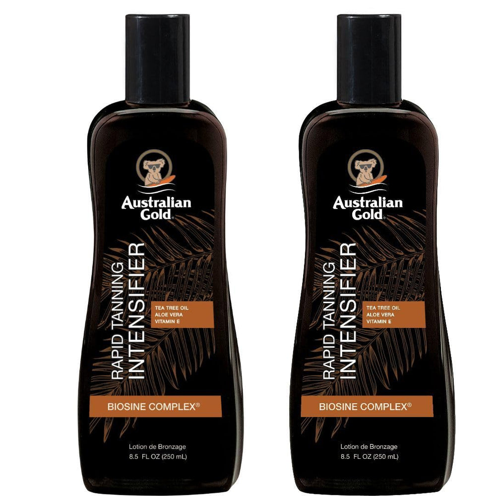 Loción Australian Gold bronceado rápido en bote, aplicación suave para pieles lisas.