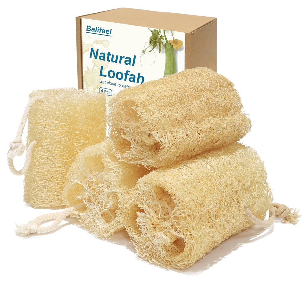 Balifeel esponjas de lufa orgánica en conjunto de 4 para ducha con exfoliación suave.