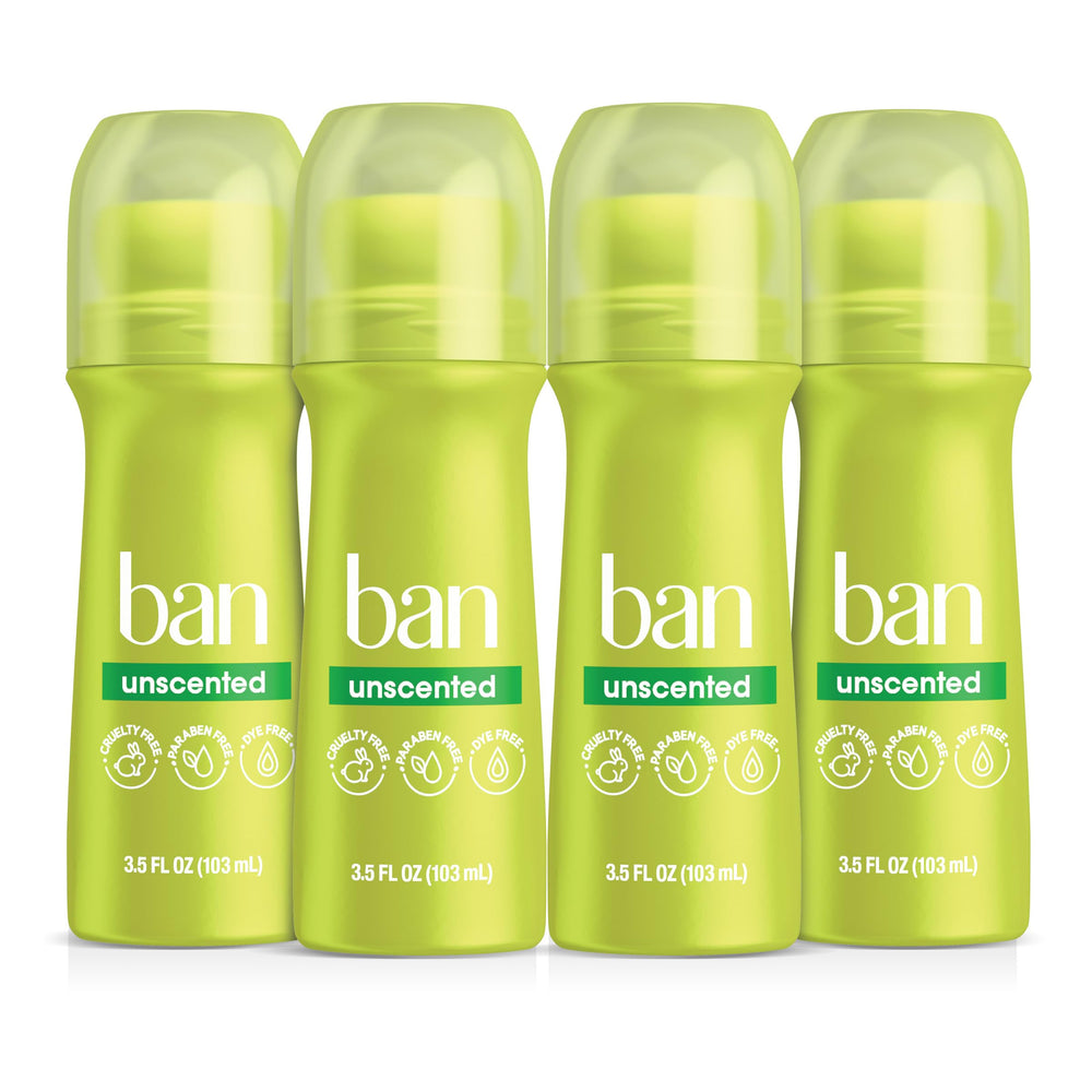 Ban Original Desodorante Roll-On sin fragancia, frente al envase y aplicación limpia