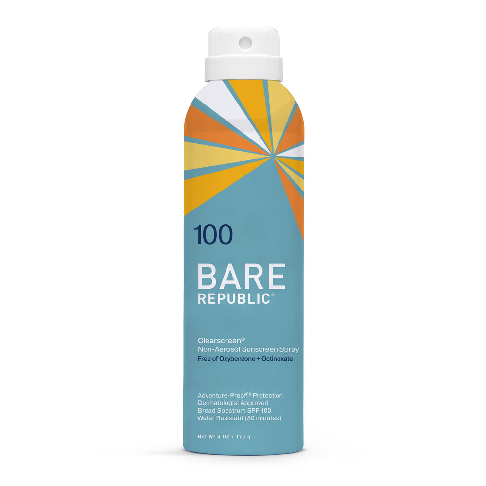 Bare Republic Clearscreen SPF 100, spray protector solar con acabado invisible para piel limpia.