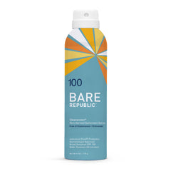 Bare Republic Clearscreen SPF 100, spray protector solar con acabado invisible para piel limpia.