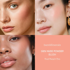 bareMinerals Gen Nude Powder Blush That Peach Tho, difuminado perfecto para piel con textura suave.