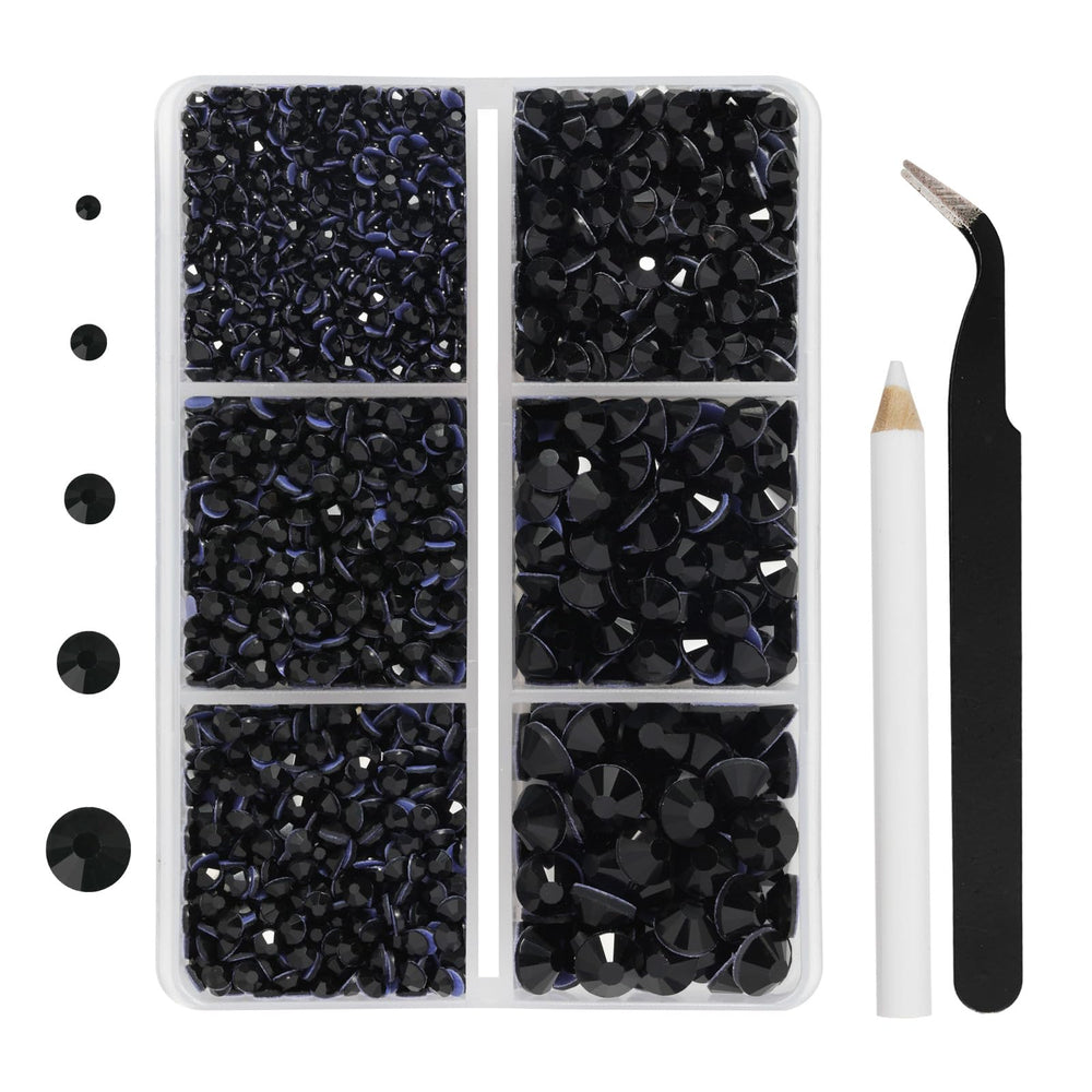 BEADSLAND Hotfix: piedras negro jet para ropa con adhesivo y caja organizada