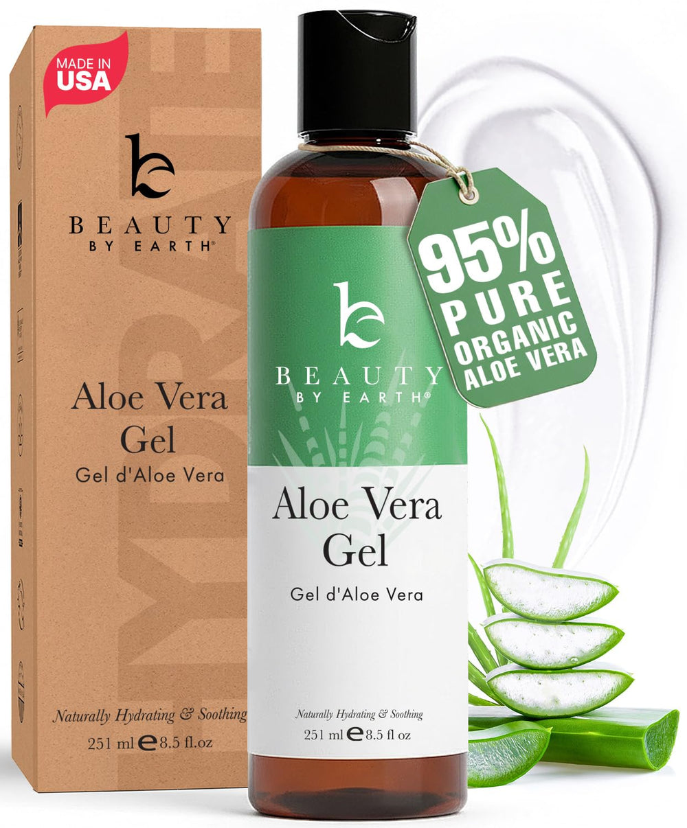 Beauty by Earth Aloe Vera Gel en botella, hidratación suave para piel y cabello.