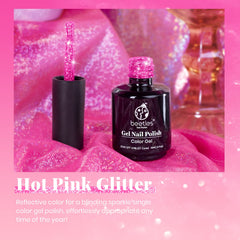 Beetles gel con efecto diamante rosa, reflejo en uñas.