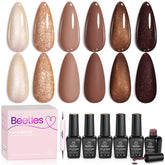 Beetles Brownie Bliss: conjunto de 6 colores para uñas, ideal para estilos cálidos.