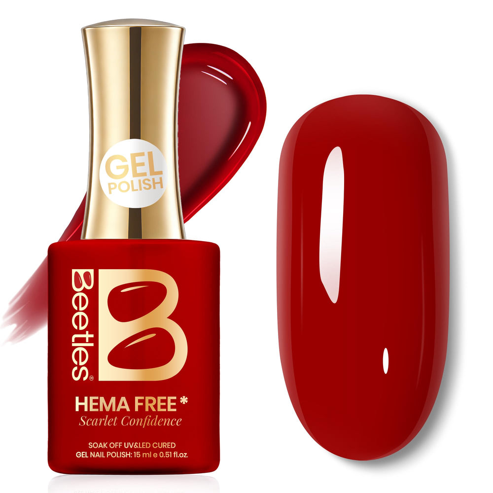 Beetles Confianza Escarlata: botella gel rojo para color uniforme y llamativo.