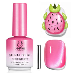 Beetles Pitaya Glow Rosa Ojo de Gato, frasco muestra brillo translúcido y magneto.