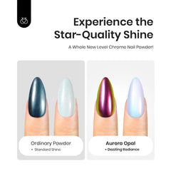 Beetles polvo cromo aurora iridiscente con efecto holográfico en uñas.