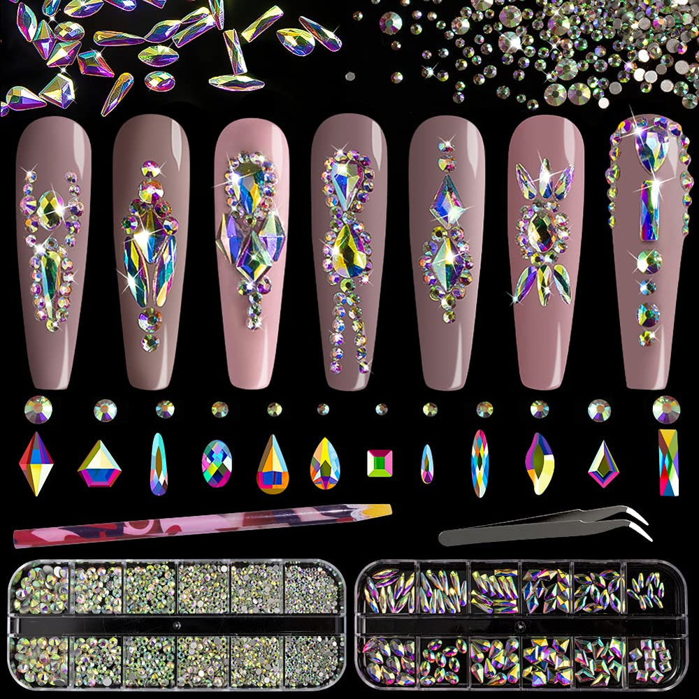 BELLEBOOST kit de cristales AB para uñas con brillo intenso y variedad de tamaños.
