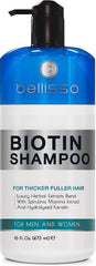 Bellisso Biotin Shampoo bottle shows volume boost for thicker-looking hair.