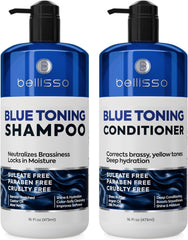 Bellisso set champú y acondicionador azul para cabello castaño, mantiene tono frío entre lavados