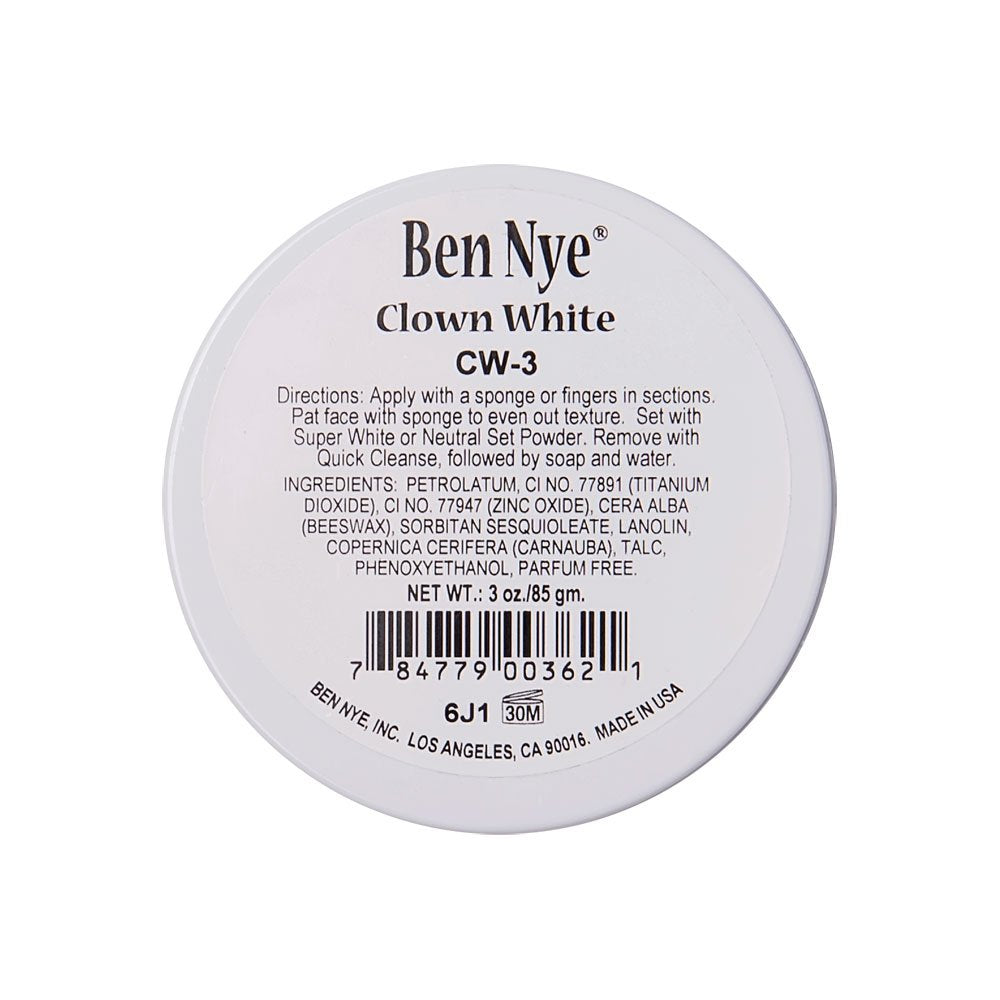 Maquillaje blanco payaso Ben Nye en bote, acabado opaco para caracterización teatral.