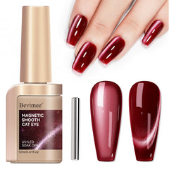 Bevimee Cat Eye Rojo Burdeos con brillo magnético para uñas elegantes.