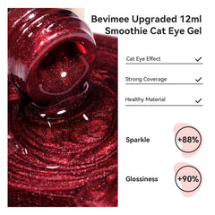 Bevimee Cat Eye Rojo Luna con destellos holográficos para looks nocturnos.