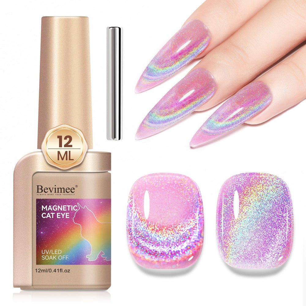 Bevimee Ojo-gato rosa iridiscente, brillo duradero para uñas.
