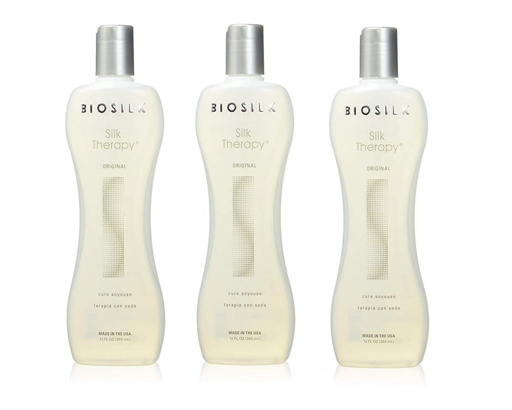 BioSilk Silk Therapy Original Cure, pack de 3 botellas, protege el cabello y aporta brillo.