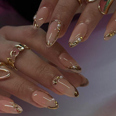 Blruyci Uñas Almendra Frances Dorado con Perlas, estilo elegante para fiestas.