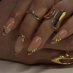 Blruyci Uñas Almendra Frances Dorado con Perlas, acabado natural y duradero.