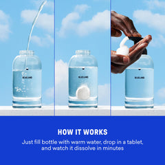 Tableta Blueland disolviéndose en agua para jabón espumoso suave.