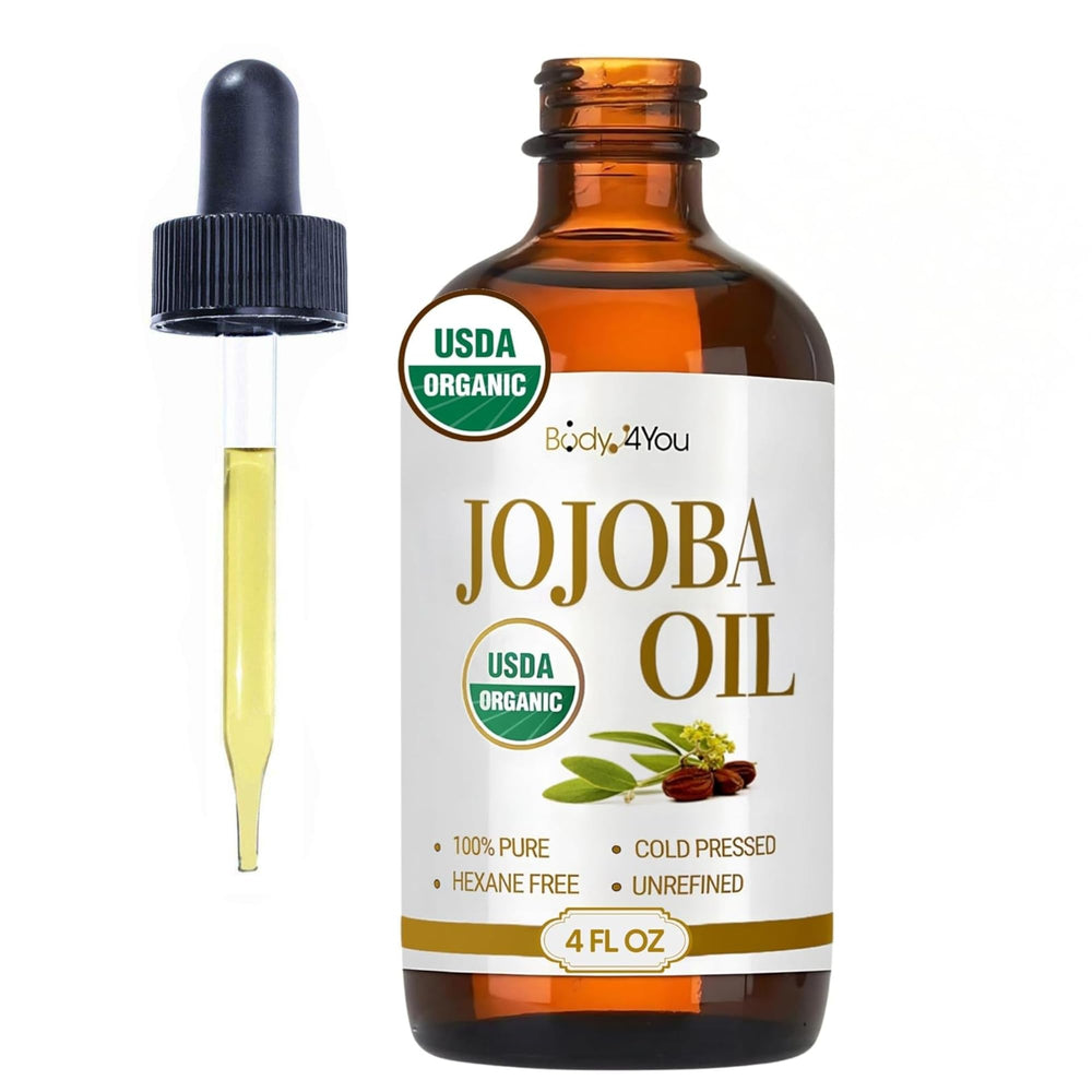 BodyJ4You Aceite de Jojoba en bote de vidrio ámbar con gotero para dosificación precisa.