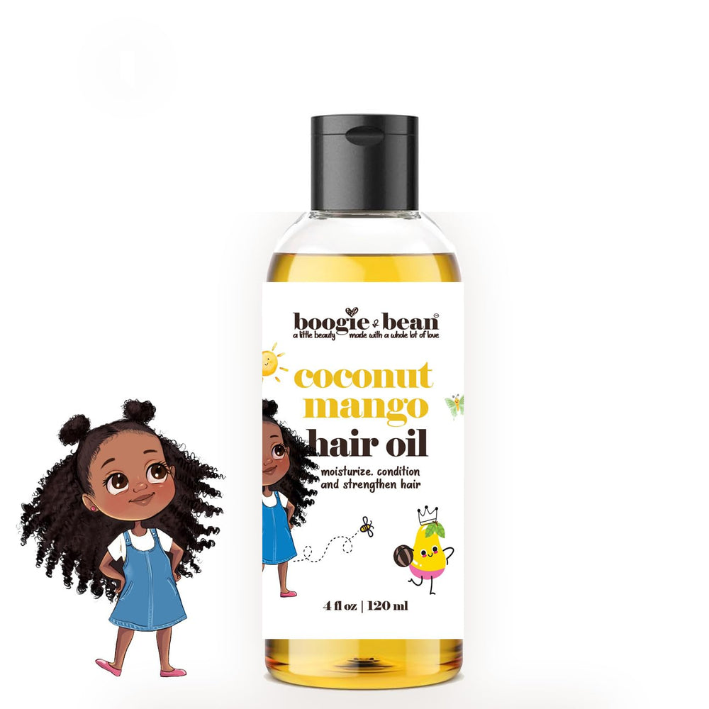 Boogie and Bean: aceite para niños, botella en primer plano, hidratación suave del cabello.