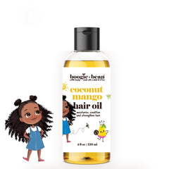 Boogie and Bean: aceite para niños, botella en primer plano, hidratación suave del cabello.