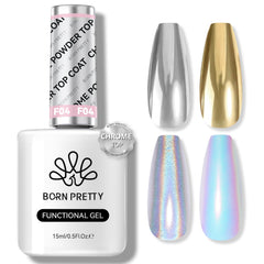 Born Pretty Top Gel para cromo con polvo brillo, acabado espejo en uñas.