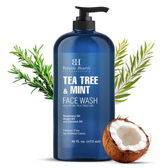 Botanic Hearth Tea Tree Face Wash botella mentolada para limpieza profunda y frescura.