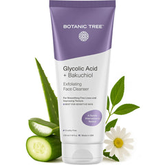 Botanic Tree Bakuchiol-Glicólico exfoliante rostro botella, exfolia suavemente para piel clara.
