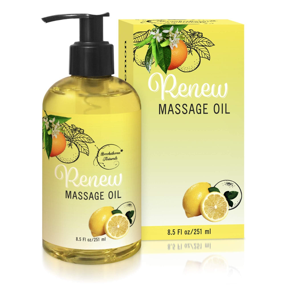 Brookethorne Naturals Renew, botella de aceite de masaje con cítricos para relajar músculos.
